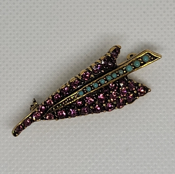 STUNNING Vintage Purple Rhinestone Turquoise Stone Gold Tone Leaf Brooch - Picture 8 of 15